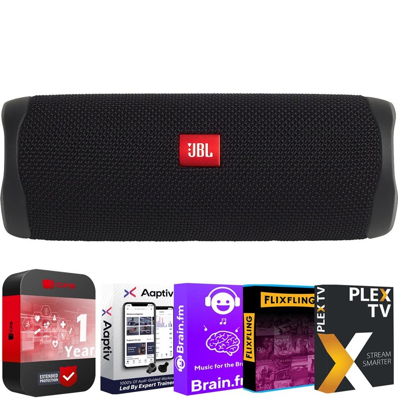 JBL Flip 5 Portable Waterproof Bluetooth Speakers Black + 1 Year Protection Pack