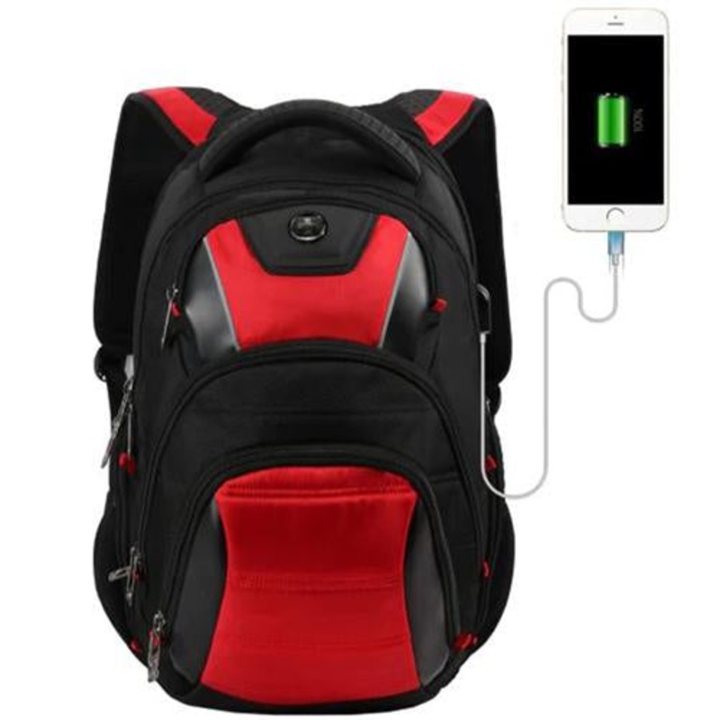 Swissdigital Anti-Bacterial Backpack Travel Kit with USB Charging Port, Black/Red (J14-41)