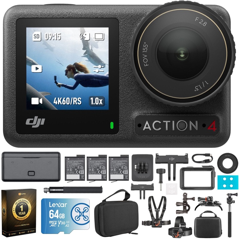 DJI Osmo Action 4 Adventure Combo Bundle with 64GB Memory Card, Case and More