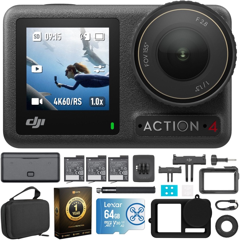 DJI Osmo Action 4 Adventure Combo with 64GB Pro Accessory Bundle and 1 YR Warranty