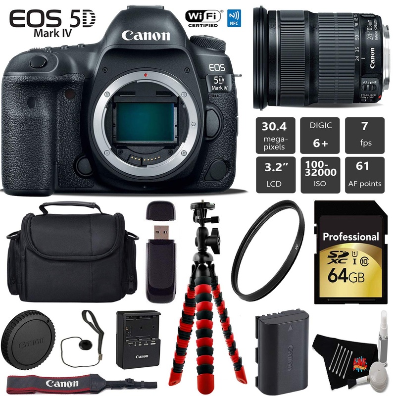 Canon EOS 5D Mark IV DSLR Camera with 24-105mm is STM Lens + Wireless Remote + UV Protection Filter + Case + Wrist Strap