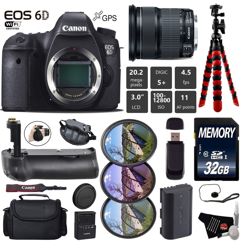 Canon EOS 6D DSLR Camera with 24-105mm is STM Lens + Professional Battery Grip + UV FLD CPL Filter Kit + Case + Wrist St