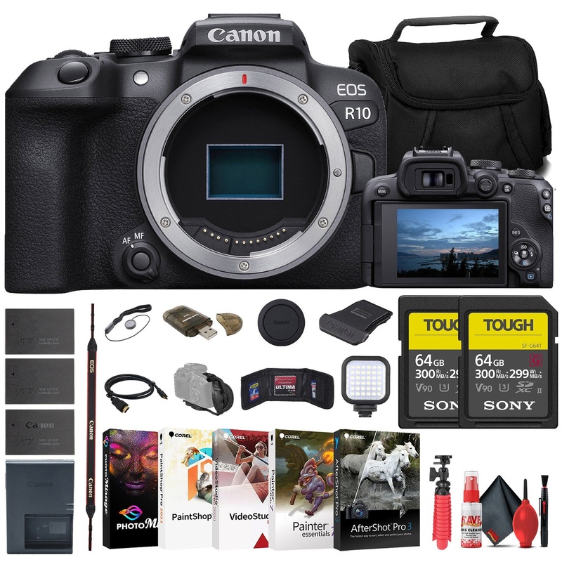 Canon EOS R10 Mirrorless Camera + 2 x Sony 64GB TOUGH SD Card + Bag + More - Reconditioned