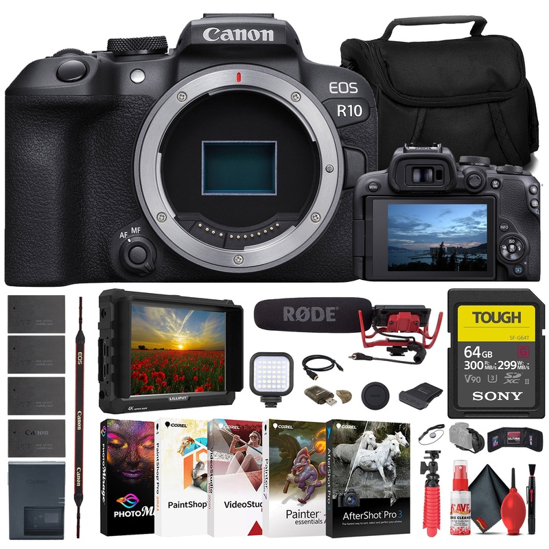 Canon EOS R10 Mirrorless Camera + 4K Monitor + Rode VideoMic + 64GB Card+ More - Reconditioned