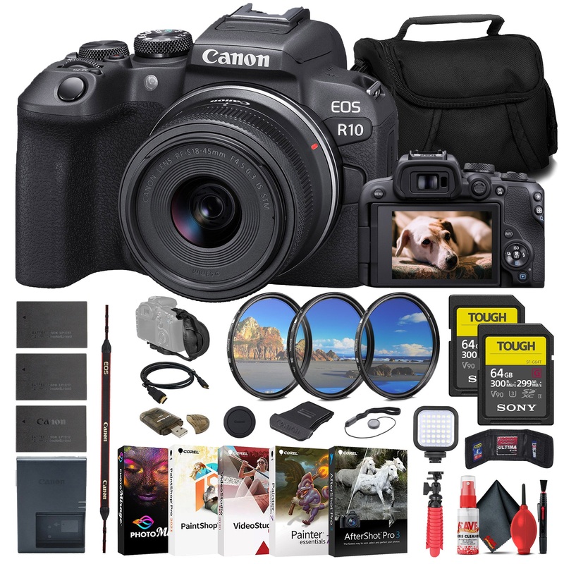 Canon EOS R10 Mirrorless Camera W/ 18-45mm Lens + 2 x 64GB Card + More - Reconditioned