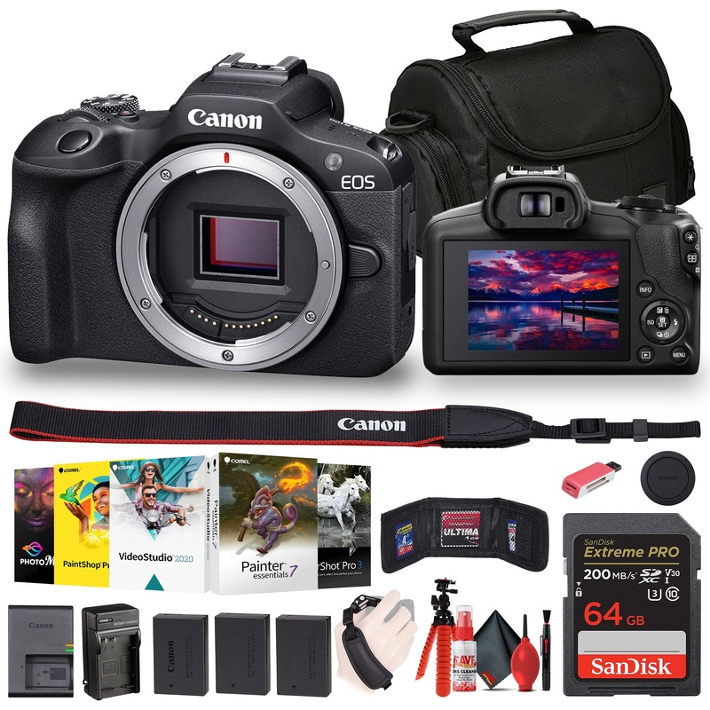 Canon EOS R100 Mirrorless Camera (6052C002) + Corel Photo Software + Bag + 64GB Card + More - Reconditioned