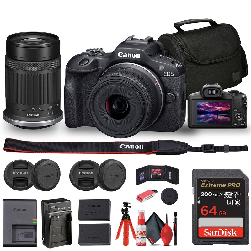 Canon EOS R100 Mirrorless Camera with 18-45mm and 55-210mm Lenses Kit + Bag + More - Reconditioned