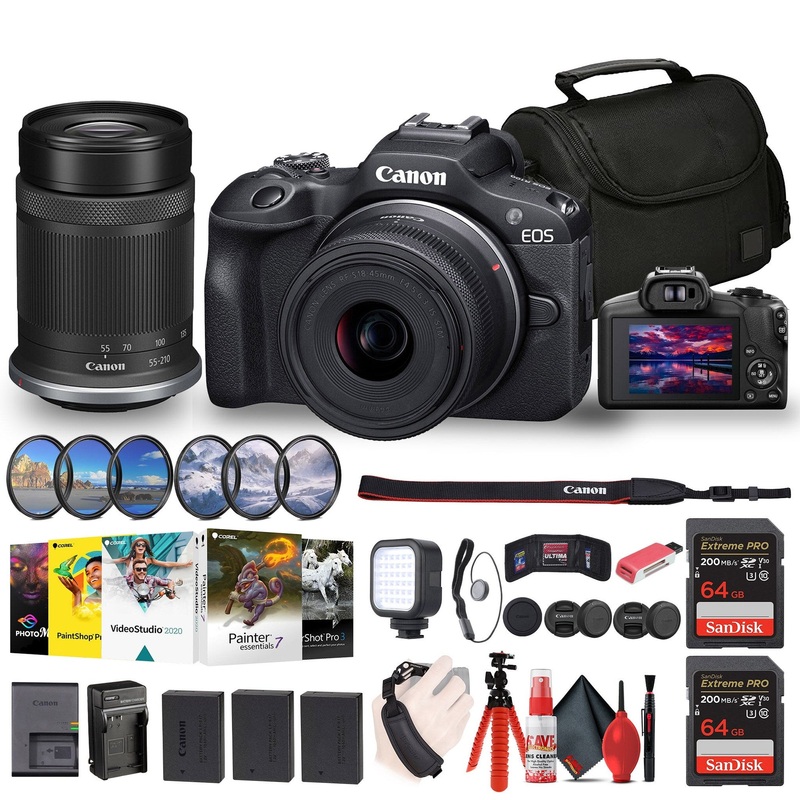 Canon EOS R100 Mirrorless Camera with 18-45mm and 55-210mm Lenses Kit + Filters + More - Reconditioned