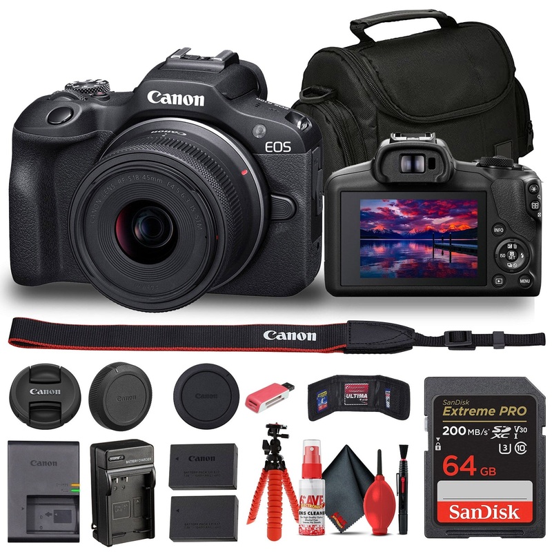 Canon EOS R100 Mirrorless Camera with 18-45mm Lens + Bag + 64GB Card + LPE17 Battery + More - Reconditioned