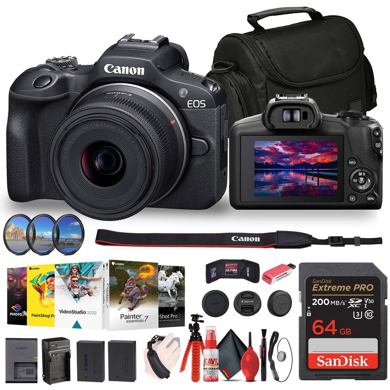 Canon EOS R100 Mirrorless Camera with 18-45mm Lens + Filter Kit + Corel Software + More - Reconditioned