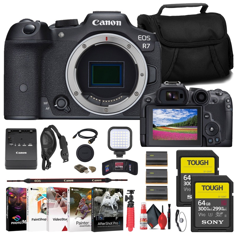 Canon EOS R7 Mirrorless Camera + 2 x Sony 64GB TOUGH SD Card + Bag + More - Reconditioned
