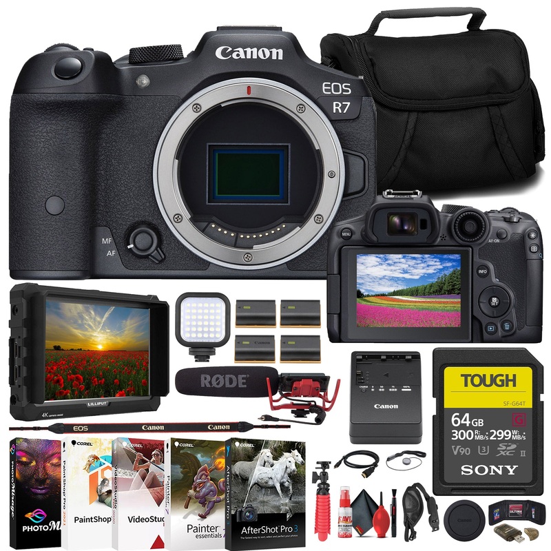 Canon EOS R7 Mirrorless Camera + 4K Monitor + Mic + 64GB TOUGH Card + Bag + More - Reconditioned