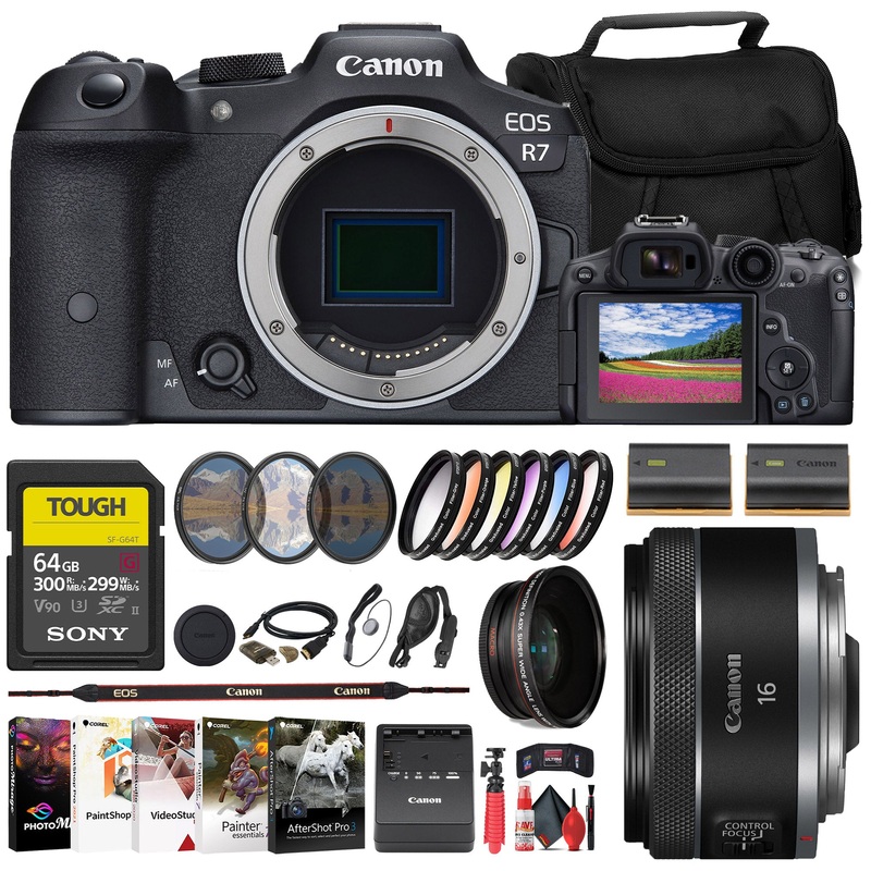 Canon EOS R7 Mirrorless Camera + Canon 16mm Lens + 64GB Card + Filter + Bag + More - Reconditioned