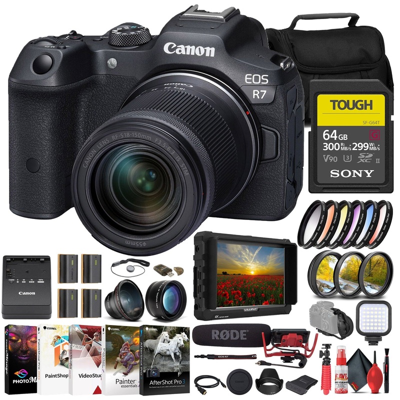 Canon EOS R7 Mirrorless Camera W/ 18-150mm Lens + 4K Monitor + Rode VideoMic - Reconditioned