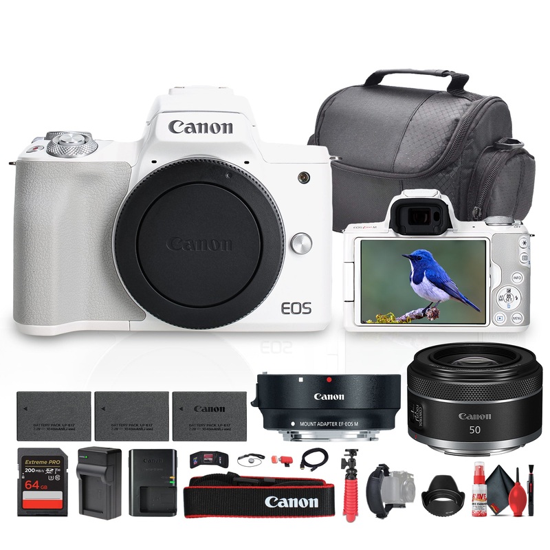 Canon EOS Kiss M / M50 Mirrorless Camera (White) With Accessories Bundle - Reconditioned
