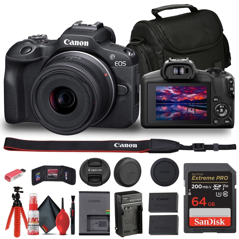 Canon EOS R100 Mirrorless Camera with 18-45mm Lens and Bag + 64GB Card + LPE17 Battery + More - Reconditioned