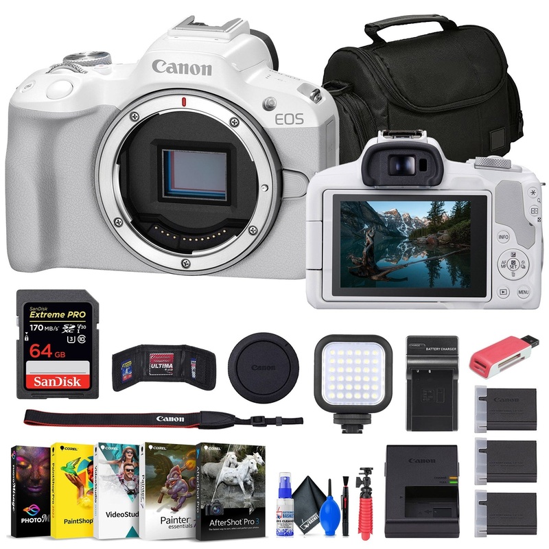Canon EOS R50 Mirrorless Camera (White) + 64GB Card + Bag + Charger + Battery + More