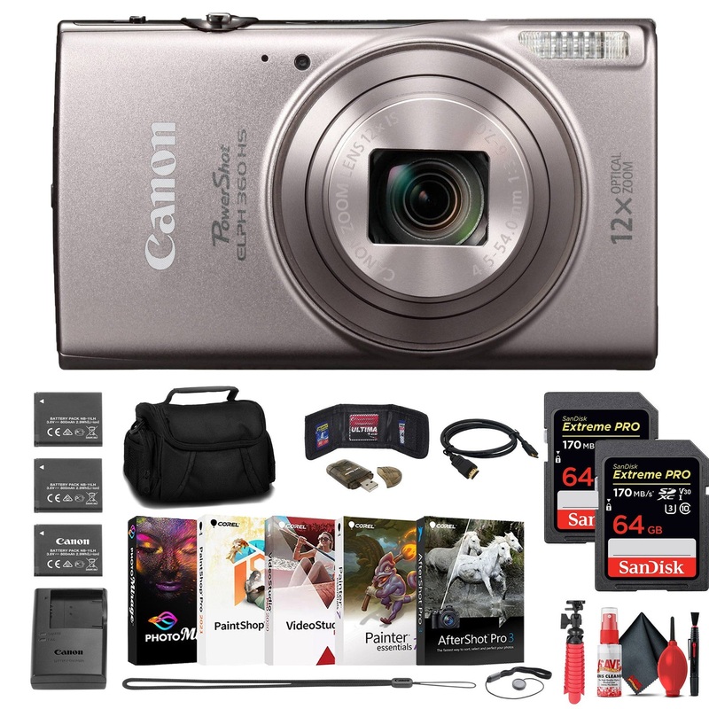 Canon PowerShot ELPH 360 HS Camera + 2 x 64GB Card + 2 x Battery + Case + More - Reconditioned