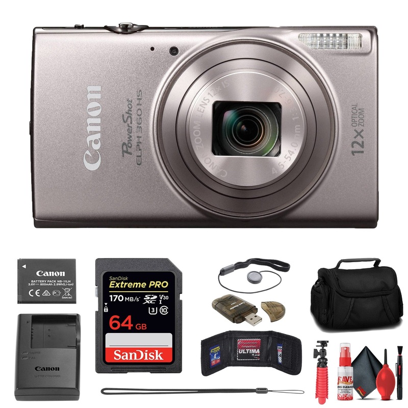Canon PowerShot ELPH 360 HS Camera + 64GB Card + Case + More - Reconditioned