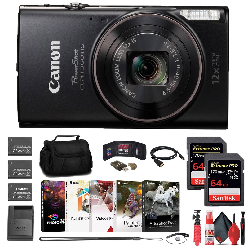 Canon PowerShot ELPH 360 HS Digital Camera + 2 x 64GB Card + 2 x Battery + More - Reconditioned