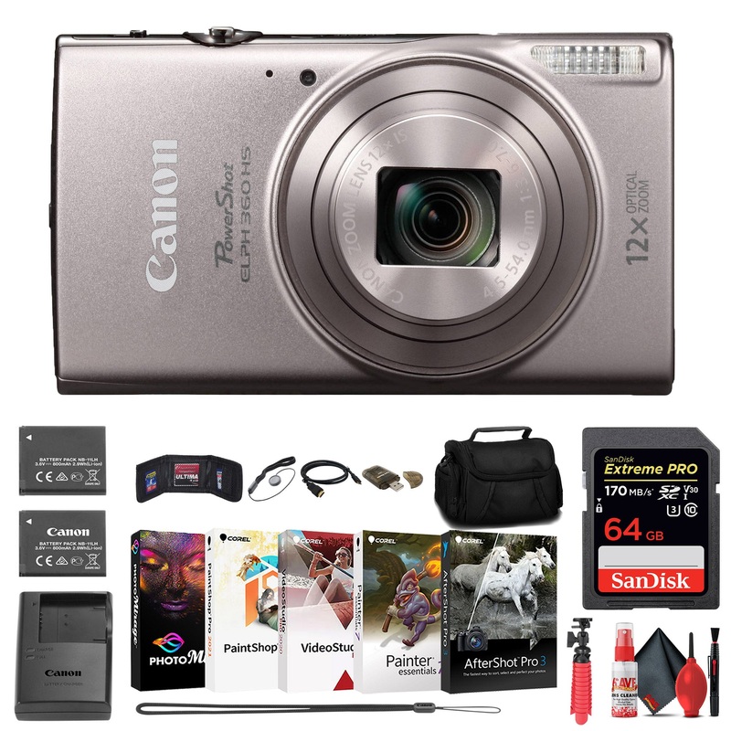 Canon PowerShot ELPH 360 HS Digital Camera + 64GB Card + Battery + Case + More - Reconditioned