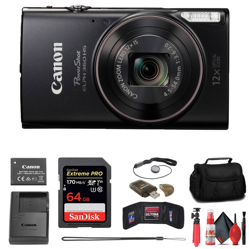 Canon PowerShot ELPH 360 HS Digital Camera + 64GB Card + Case + More - Reconditioned