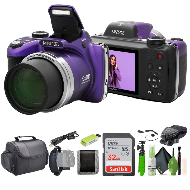 Minolta Pro Shot MN53Z 16 MP HD Digital Camera with 53x Zoom, 1080p HD Video Bundle (Purple)