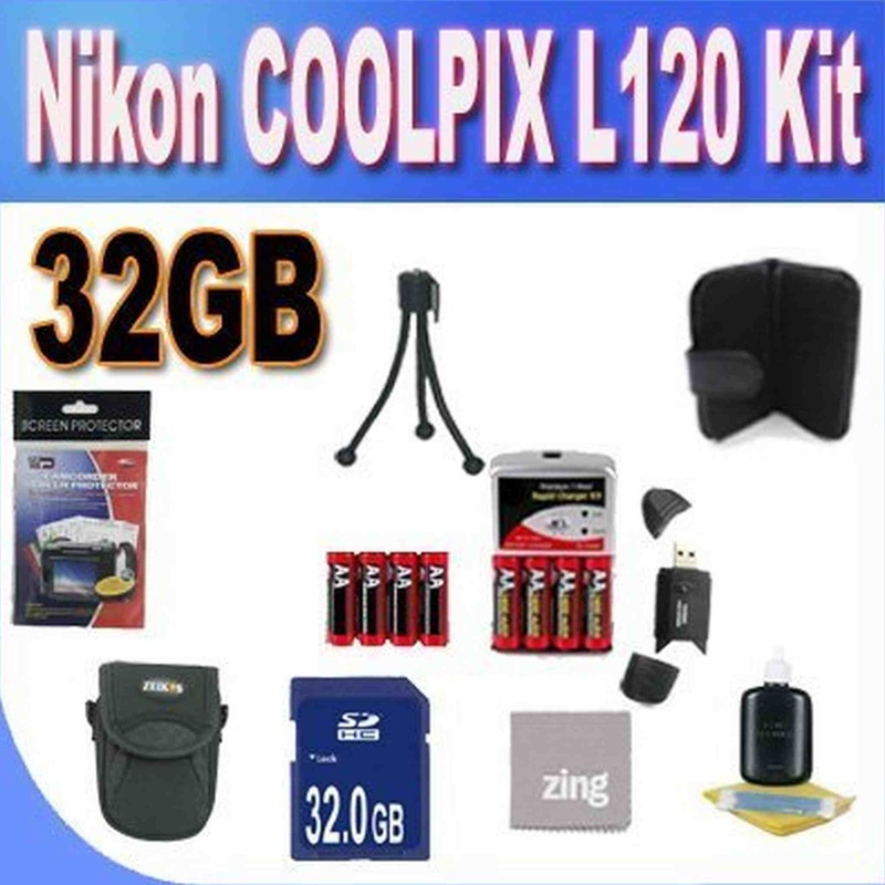 Nikon COOLPIX L120 32GB Accessory Saver Kit (32GB SDHC Memory Card+ 2 Sets of 4 NIMH Rechargeable AA Batteries+ Rapid Battery Charger + Memory Card Wallet+ Accessory Kit)