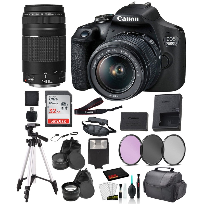 Canon EOS 2000D (REBEL T7) DSLR Camera 18-55MM IS ii and EF 73-300mm Lens Bundle SanDisk 32gb + MORE - International