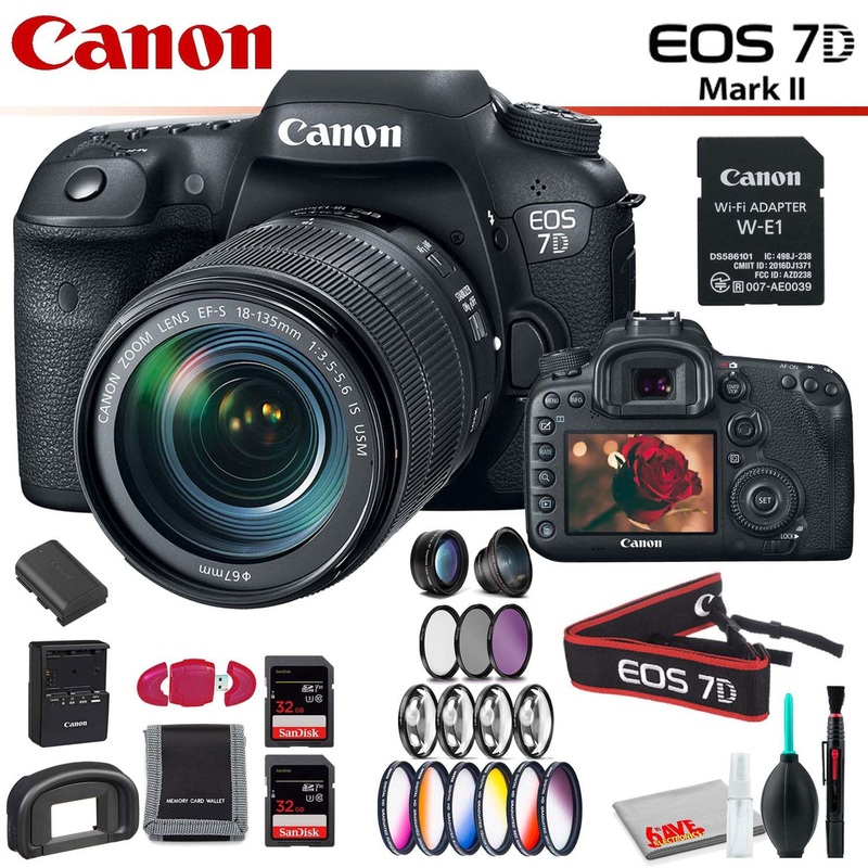 Canon EOS 7D Mark II DSLR Camera (Intl Model) with 18-135mm Lens & W-E1 Wi-Fi Adapter With Memory Card Kit, Filter Kit