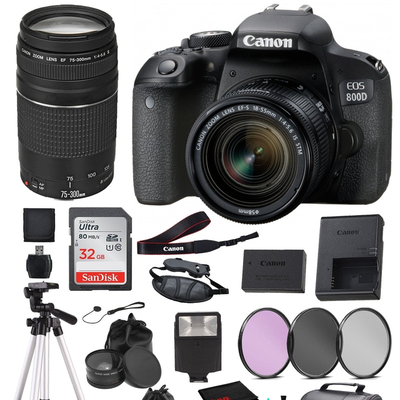 Canon EOS 800D (Rebel T7i) 18-55mm IS STM and EF 73-300mm Lens Bundle SanDisk 32gb + Filters + MORE - International