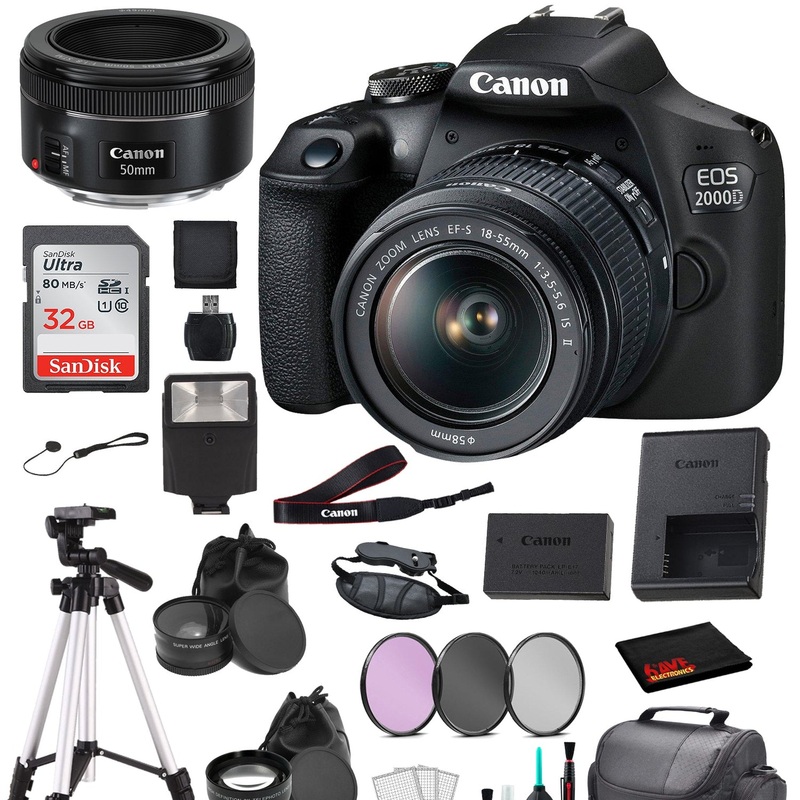 Canon EOS 2000D (REBEL T7) DSLR Camera 18-55MM IS ii and EF 50mm f/1.8 STM Bundle SanDisk 32gb + MORE - International