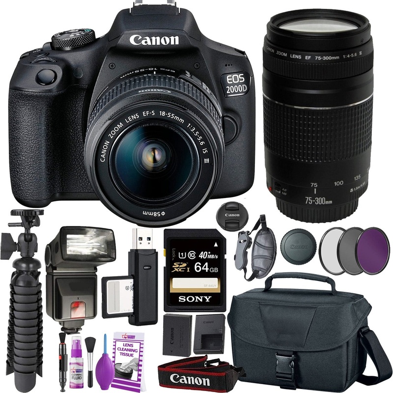 Canon EOS 2000D (Rebel t7) DSLR Camera and EF-S 18-55 mm f/3.5-5.6 IS III Lens + 75-300mm Telephoto Zoom Lens + 64GB Memory Card
