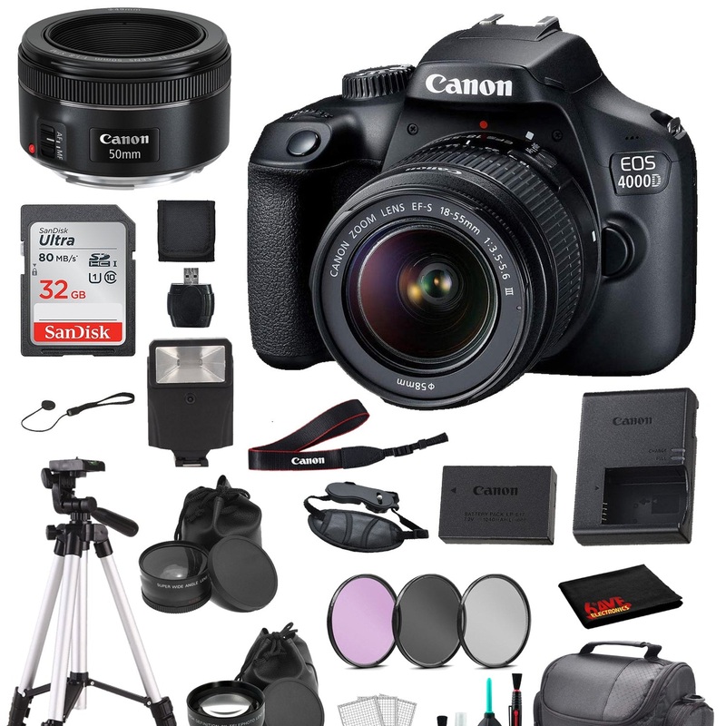 Canon EOS 4000D (Rebel T100) EF-S 18-55mm and EF 50mm f/1.8 STM Lens Bundle SanDisk 32gb  + Filters + - International