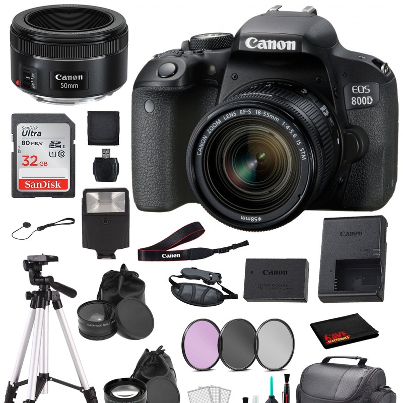Canon EOS 800D (Rebel T7i) 18-55mm IS STM and EF 50mm f/1.8 STM Lens Bundle + SanDisk 32gb + Filters - International