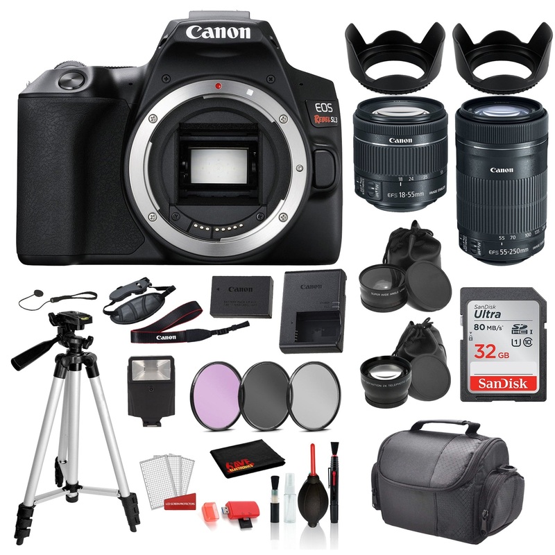 Canon EOS Rebel SL3 Digital SLR Camera with 18-55mm Lens + EF-S 55-250mm Lens Bundle: SanDisk 32gb SD +  Filters + MORE