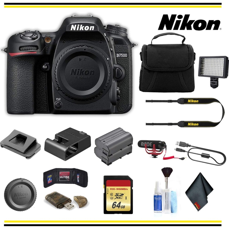 Nikon D7500 DSLR Camera (1581) Advanced Bundle Body W/Bag, Extra Battery, LED Light, Mic, and More