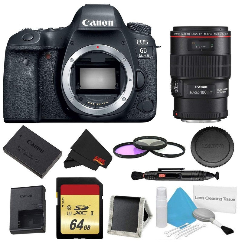Canon EOS 6D Mark II DSLR Camera (Body Only) 3 Piece Filter w/Memory Bundle + EF 100mm f/2.8L Macro is USM Lens - Intern