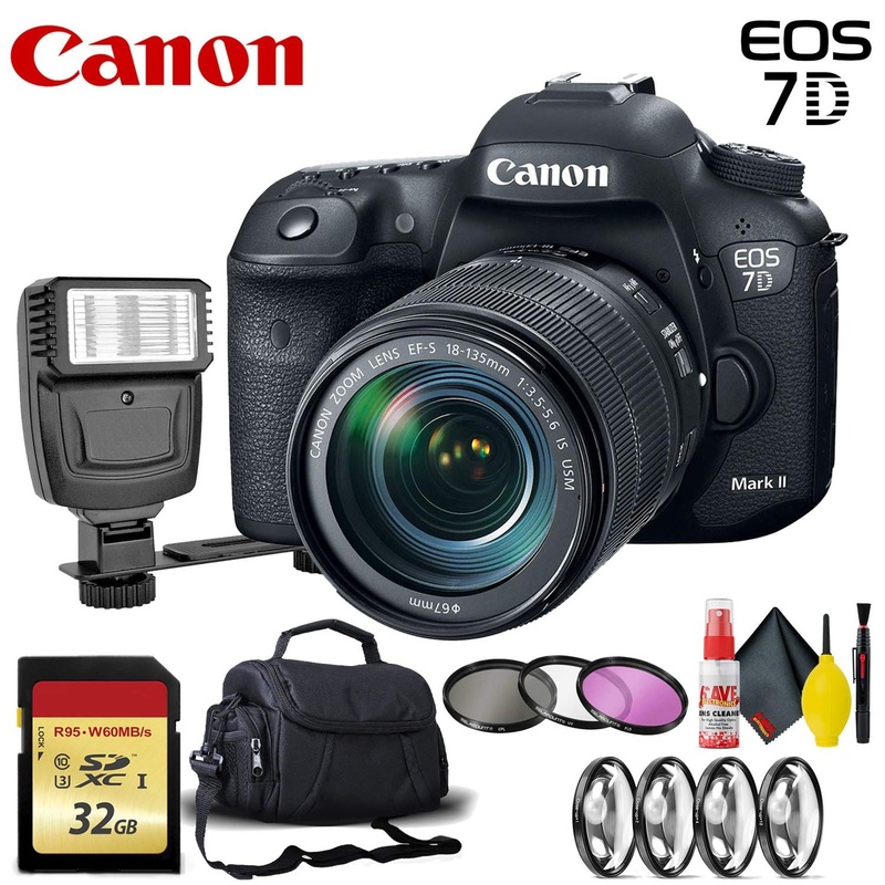 Canon EOS 7D Mark II DSLR Camera with 18-135mm f/3.5-5.6 IS USM Lens -Lens Kit + 20.9 MP + Dual Digic 6 + Full HD + 32 GB Memory Card + Filters + Flash + Camera Bag