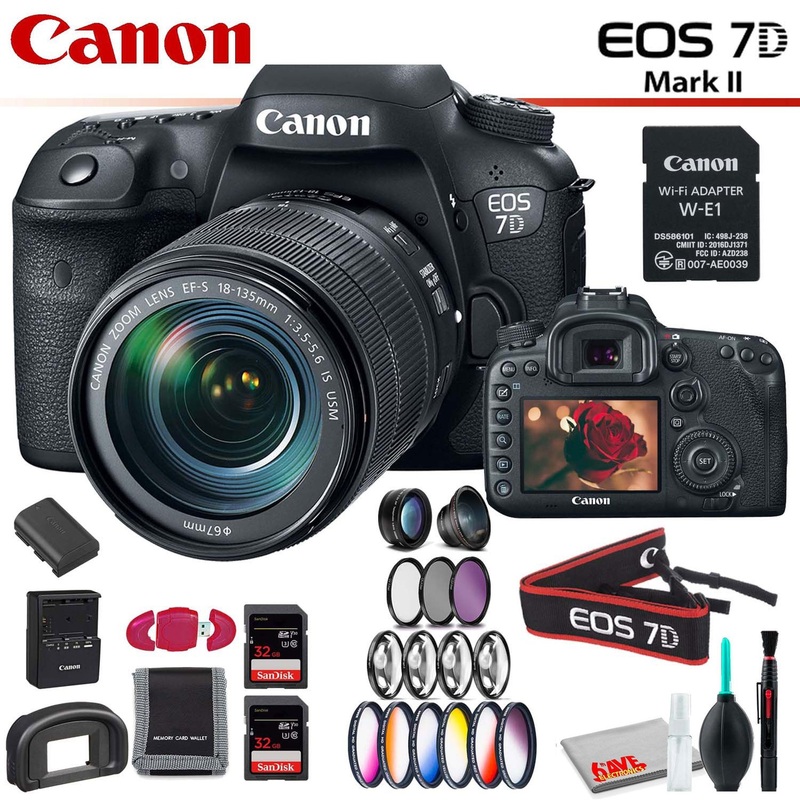 Canon EOS 7D Mark II DSLR Camera with 18-135mm Lens & W-E1 Wi-Fi Adapter With Memory Card Kit, Filter Kit and Cleaning Kit