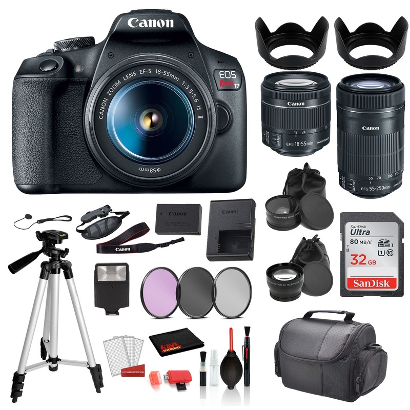Canon EOS Rebel T7 Digital SLR Camera with 18-55mm Lens and EF-S 55-250mm SanDisk 32gb SD + 3PC Filter  + MORE