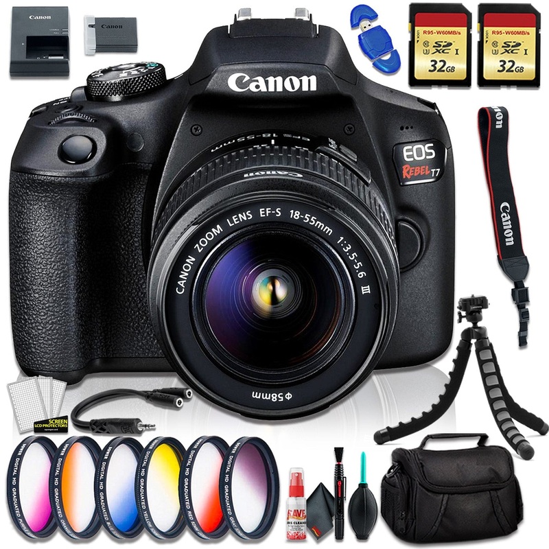 Canon EOS Rebel T7 DSLR Camera with 18-55mm DC III Lens, Camera Bag, Filter Kit + 32gb Memory Card and More