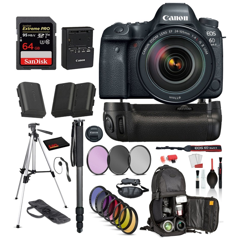Canon EOS 6D Mark II DSLR Camera with 24-105mm f/4L II Lens  ? Battery Grip + SanDisk extreme pro 64gb SD + MORE