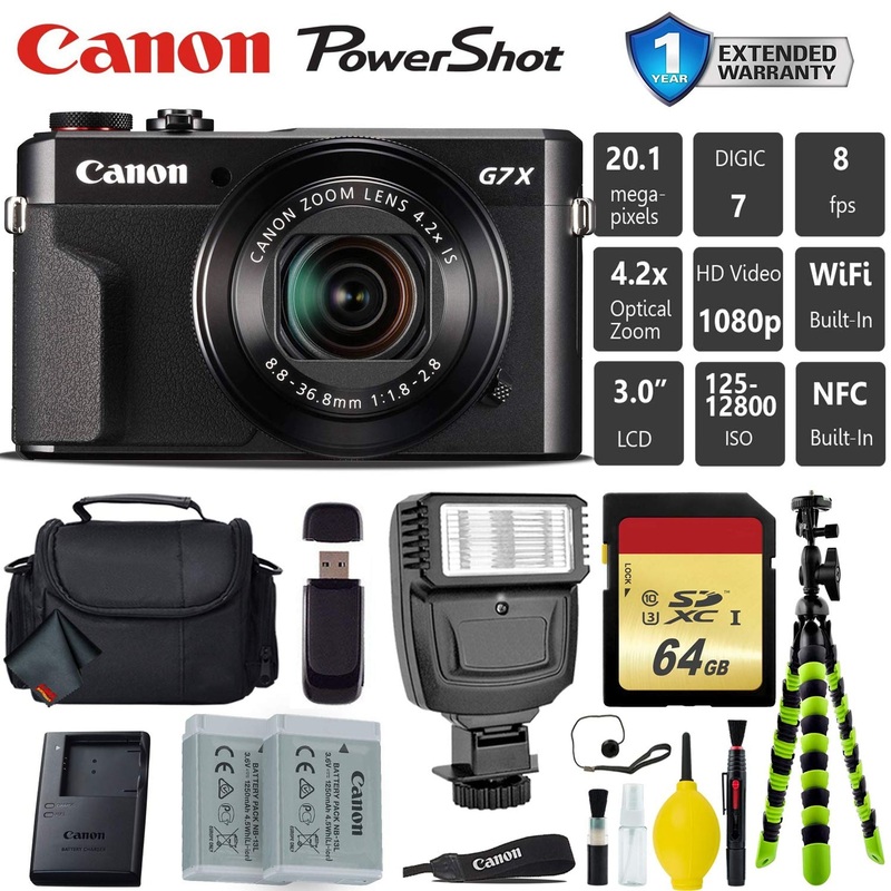 Canon PowerShot G7 X Mark II Point and Shoot Digital Camera + Extra Battery + Digital Flash + Camera Case + 64GB Class 1 Card Pro Bundle