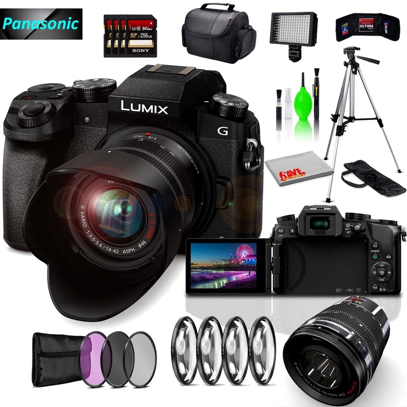Panasonic Lumix DMC-G7 Mirrorless MFT Digital Camera, 45-150mm Lens, Close Up & UV Filters, 4x 256GB SD Card & Cleaning Kit