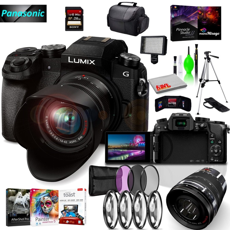 Panasonic Lumix DMC-G7 Mirrorless MFT Digital Camera, 45-150mm Lens, Close Up & UV Filters, Corel Editing Software, 256GB SD Card& Cleaning Kit Bundle