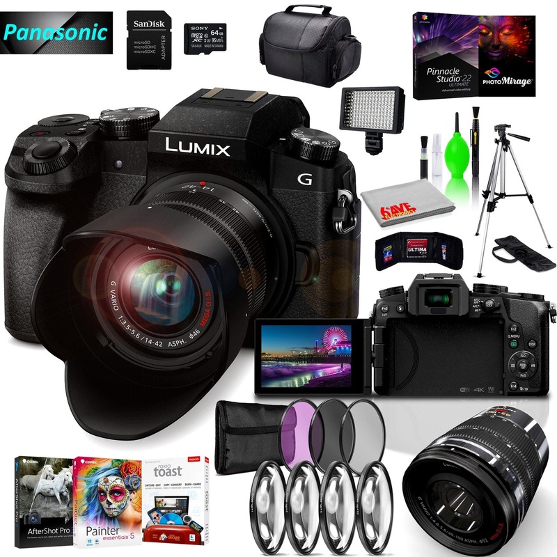 Panasonic Lumix DMC-G7 Mirrorless MFT Digital Camera, 45-150mm Lens, Close Up & UV Filters, Corel Editing Software, 64GB SD Card& Cleaning Kit Bundle