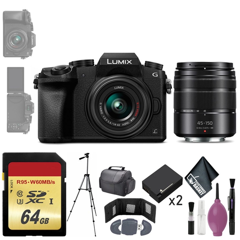 Panasonic Lumix DMC-G7 Mirrorless Micro Four Thirds Digital Camera w/ 14-42mm & 45-150mm Lenses (Black) - Battery x2 - Case