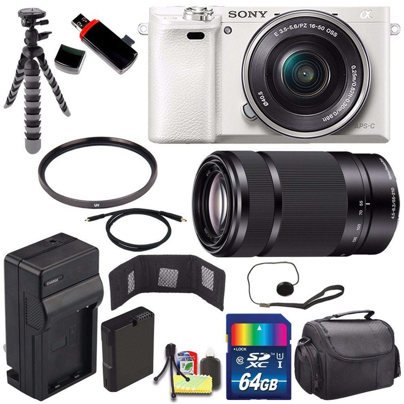 Sony Alpha a6000 Mirrorless Digital Camera with 16-50mm Lens (White) + Sony E 55-210mm f/4.5-6.3 OSS E-Mount Lens 64GB Bundle
