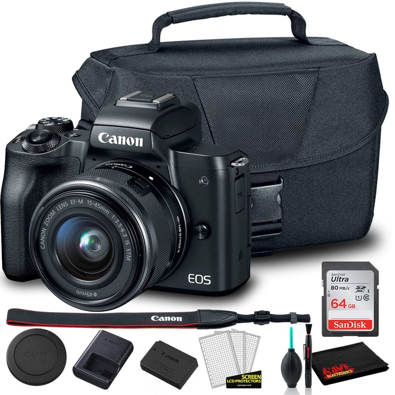 Canon EOS M50 Mirrorless Digital Camera with 15-45mm Lens (Black) (2680C011) +  EOS Bag +  Sandisk Ultra 64GB Card + Clean and Care Kit
